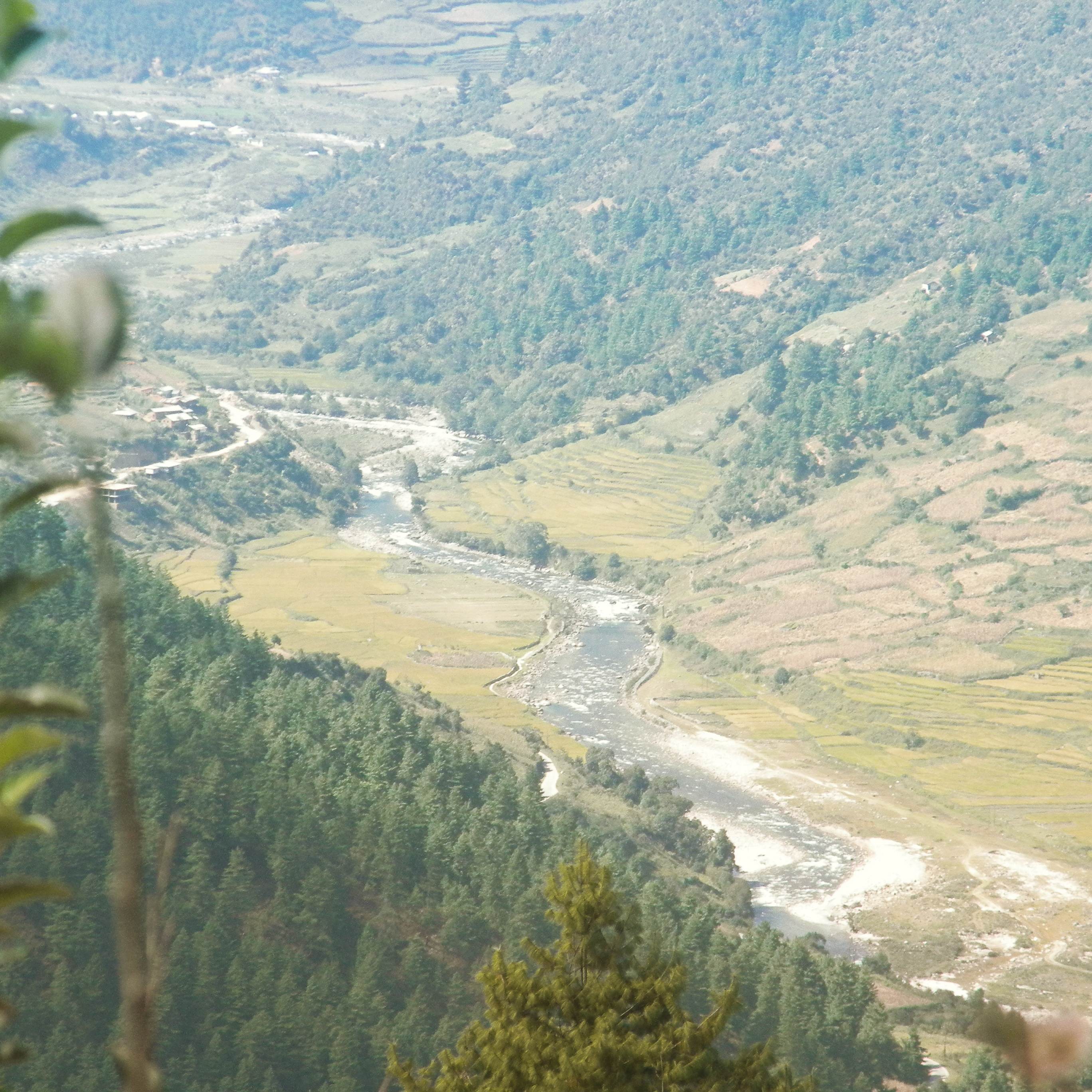 The Sangti river winding through the valley near Dirang
