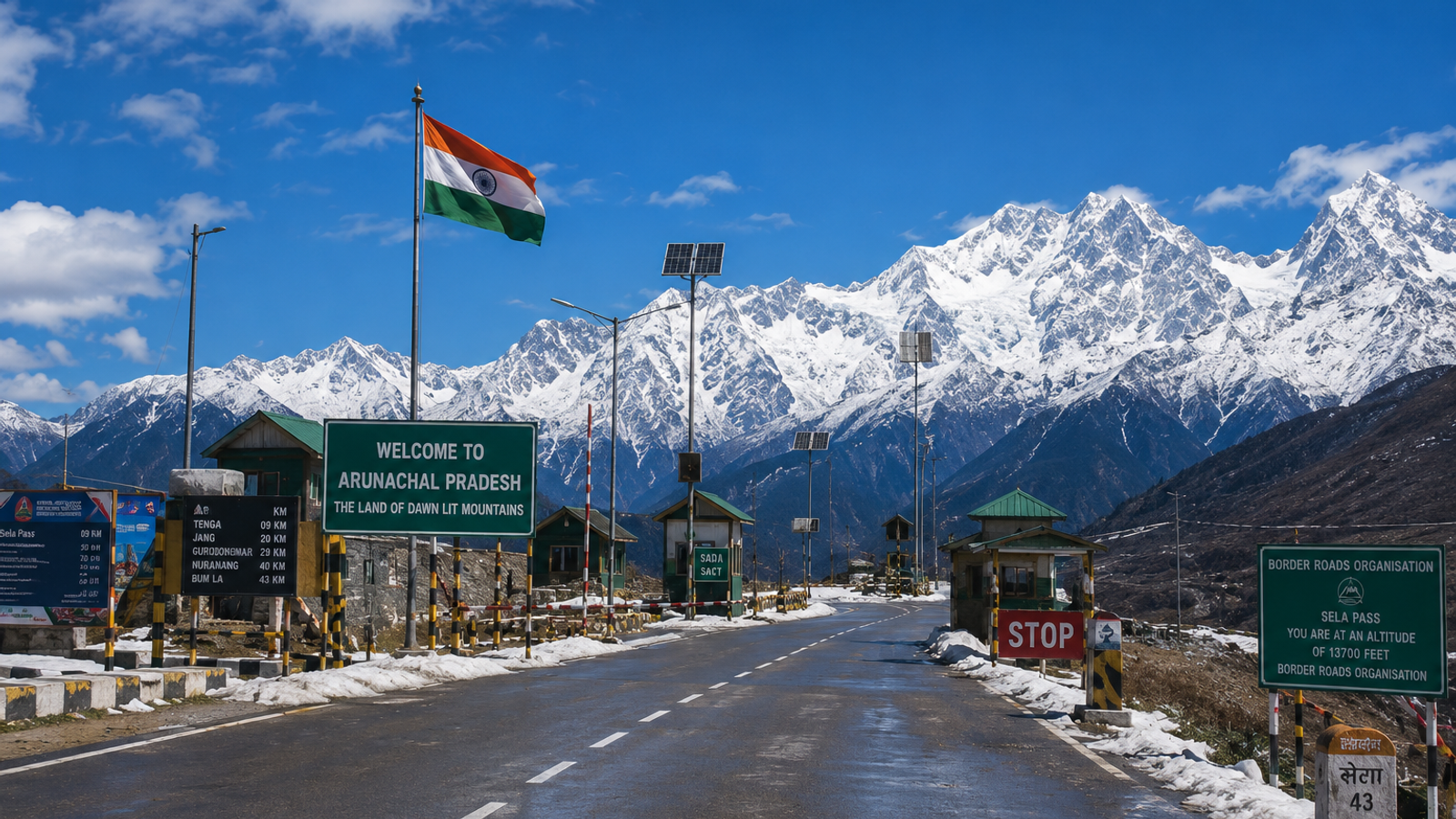 A cinematic, panoramic shot of a scenic mountain highway checkpost in Arunachal Pradesh under a clear alpine sky with snow-capped peaks in the background.