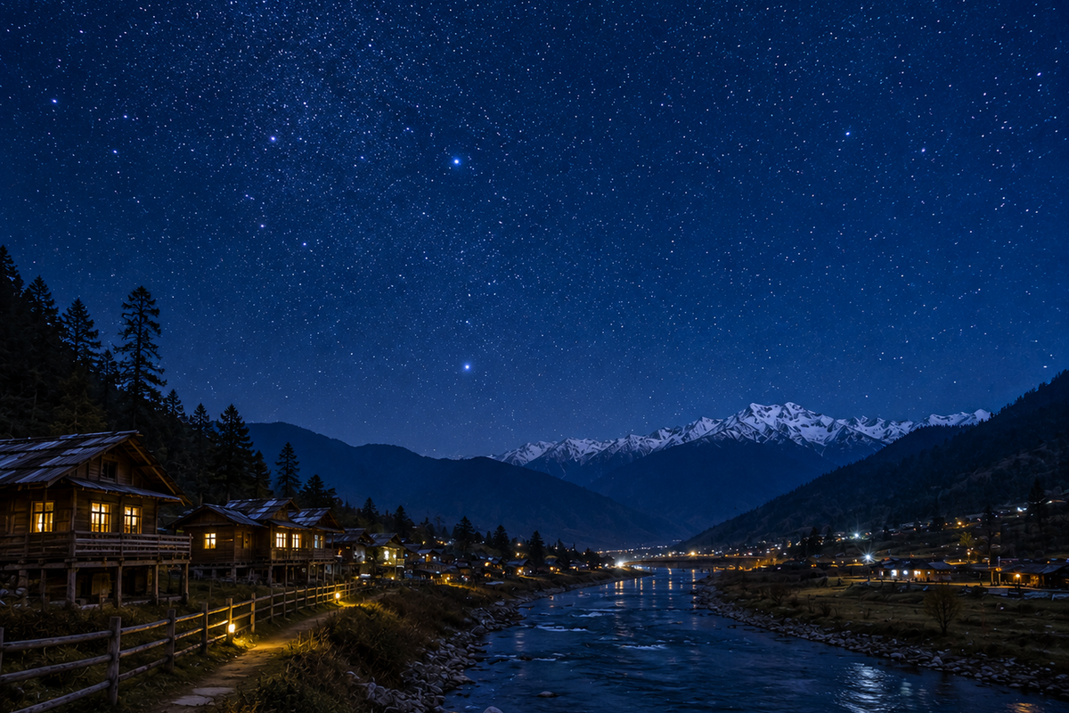 "Starry night sky over the wooden houses and Siyom River in Mechuka Valley, Arunachal Pradesh."