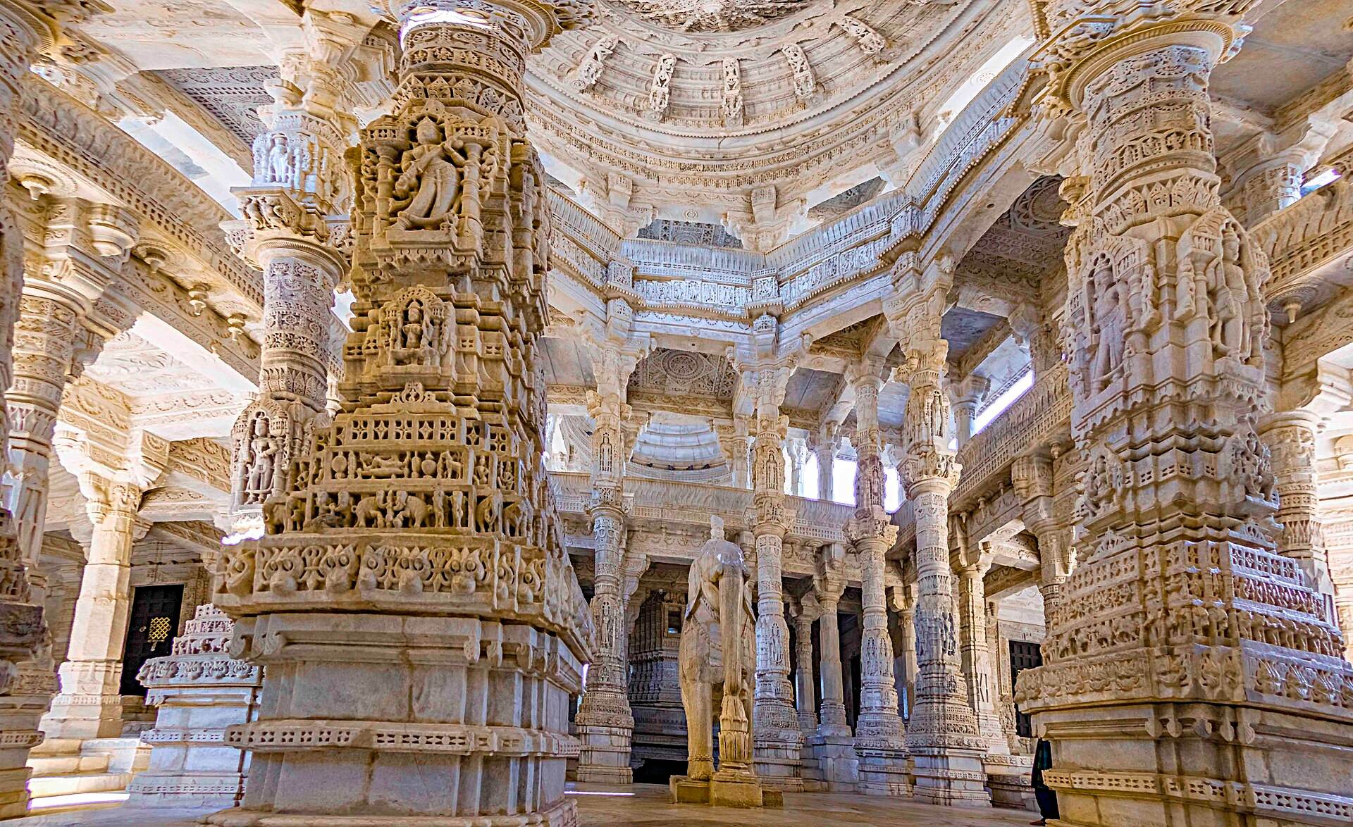 Carved marble pillars inside the Ranakpur Jain temple