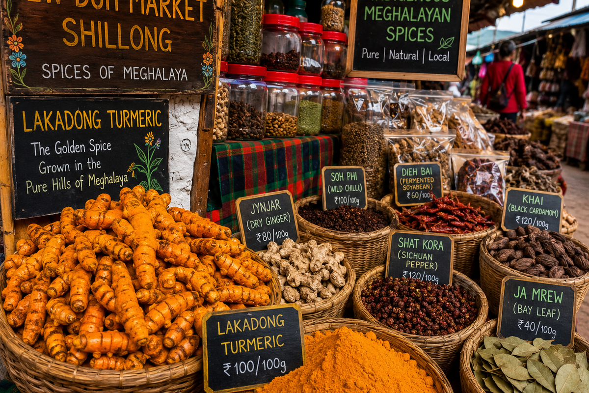 Vibrant spice stalls in Iew Duh market, Shillong, featuring Lakadong turmeric and indigenous Meghalayan spices.