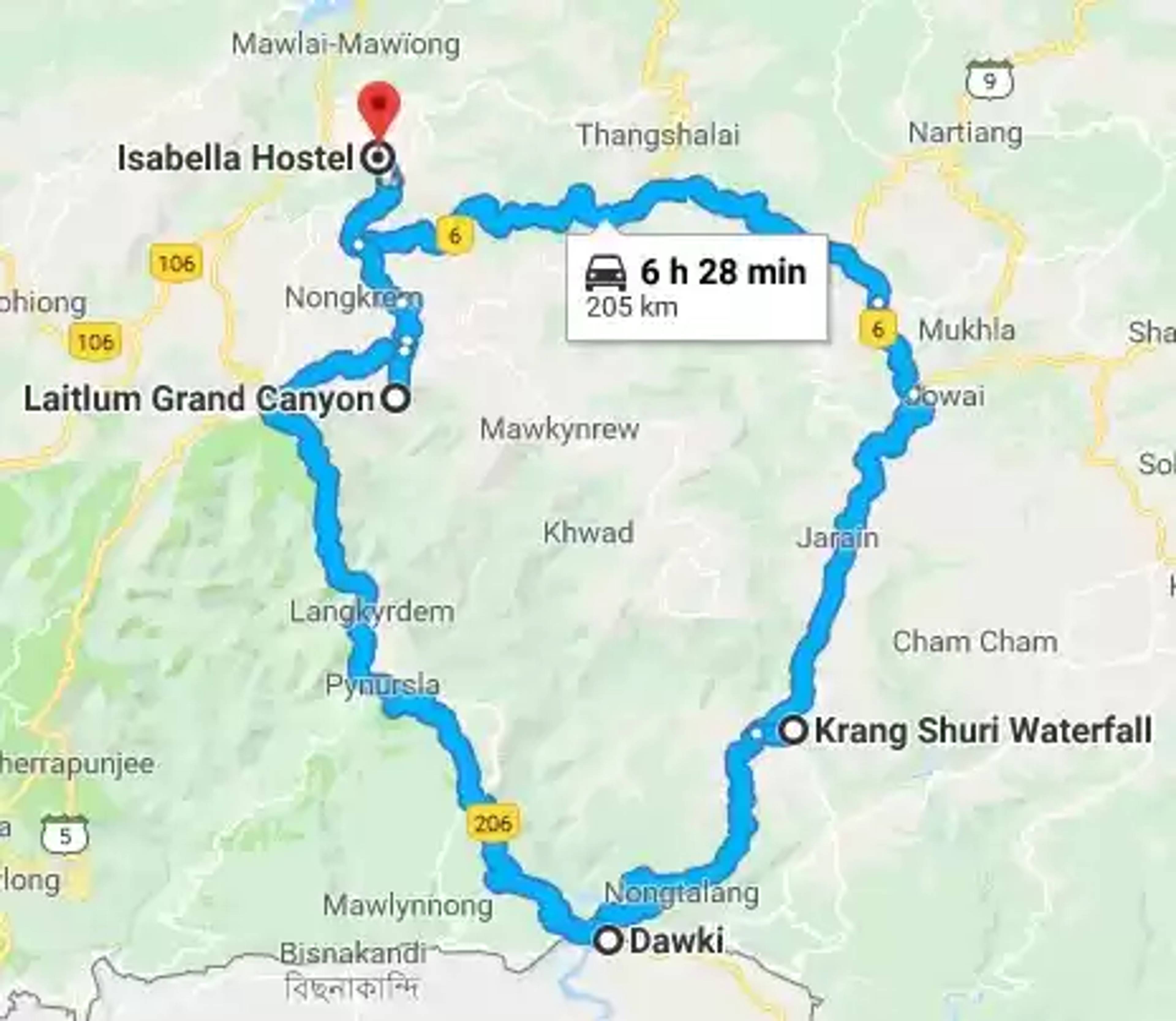 Map showing travel route from Shillong to Cherrapunji Sohra.]