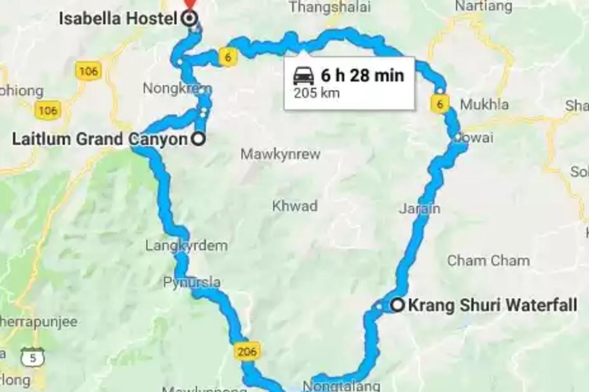 Map showing travel route from Shillong to Cherrapunji Sohra.]