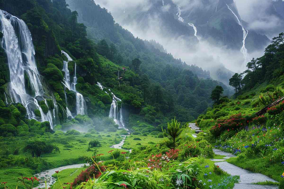 Cascading waterfalls flowing down green slopes in Tawang, Arunachal Pradesh