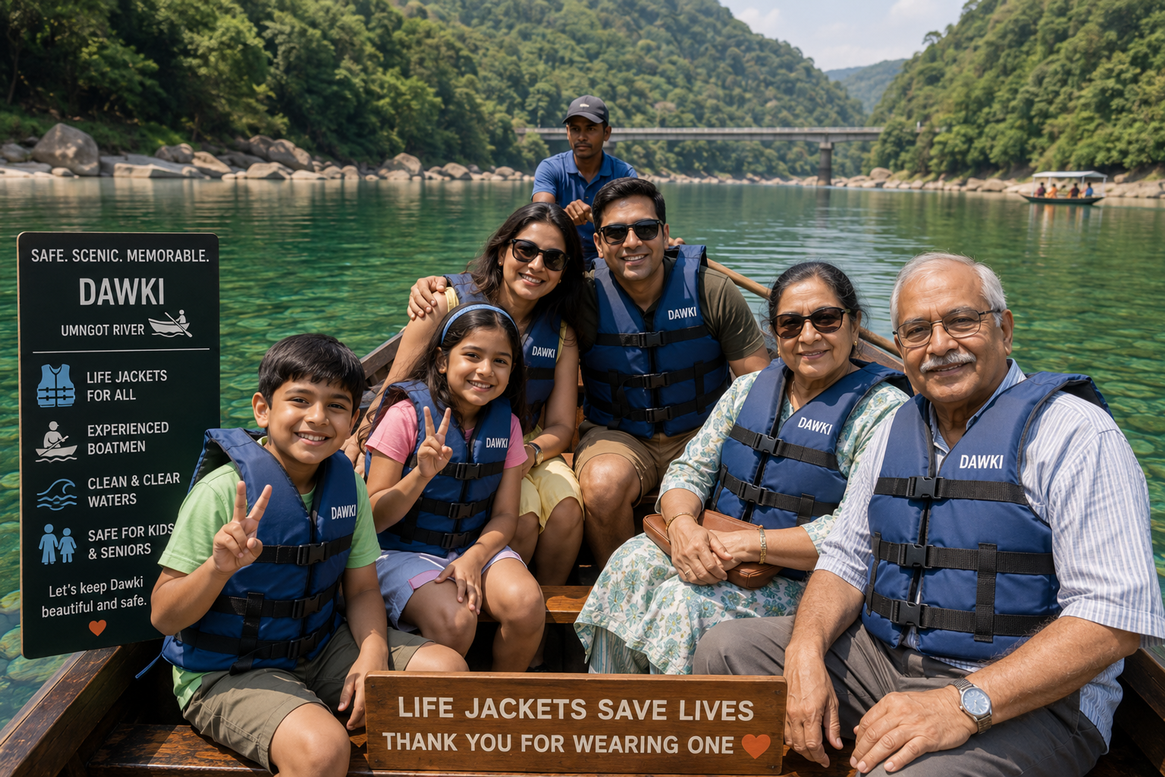 A multi-generational family enjoying a safe boat ride on the clear Umngot River in Dawki, showcasing safe activities for kids and seniors.