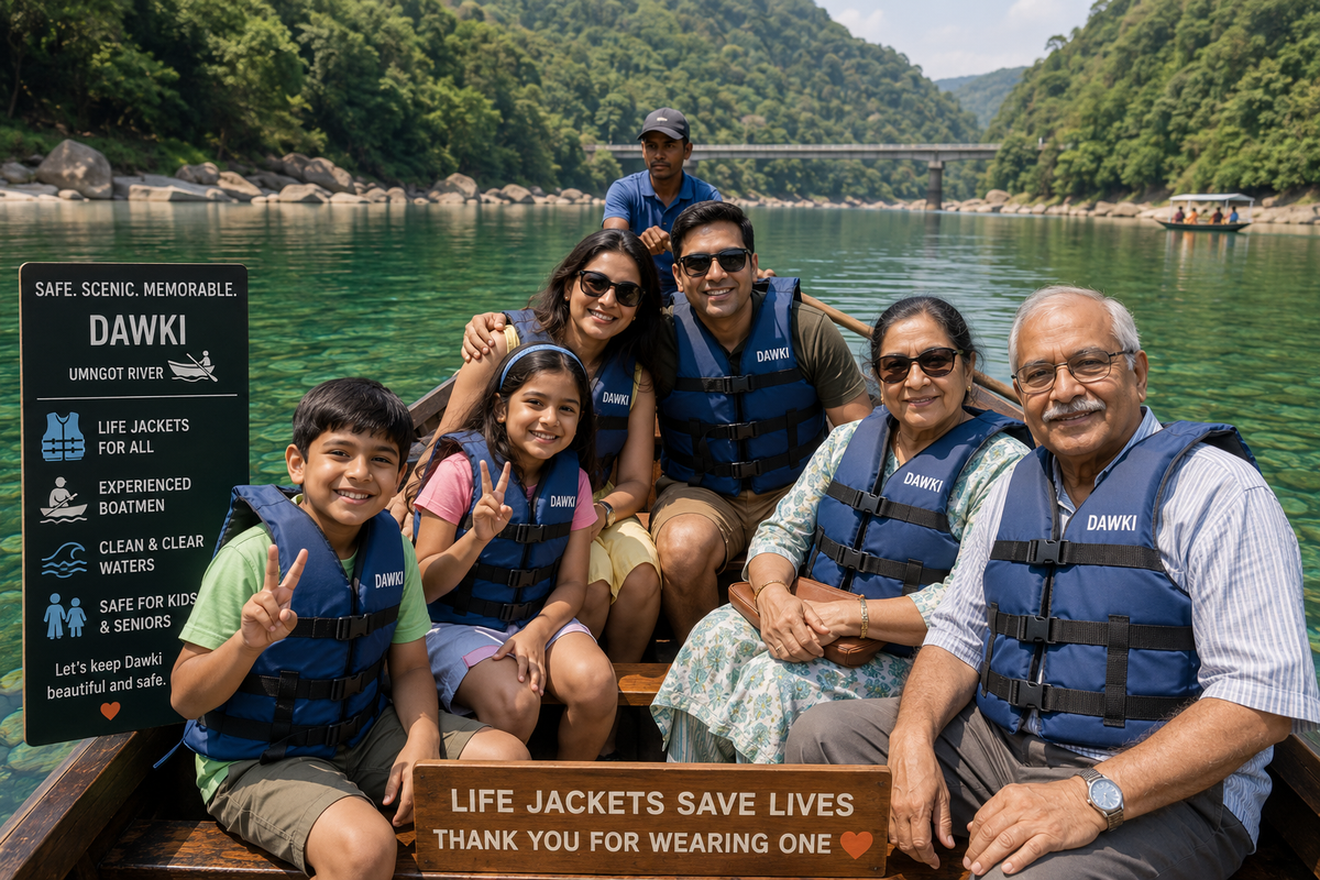 A multi-generational family enjoying a safe boat ride on the clear Umngot River in Dawki, showcasing safe activities for kids and seniors.