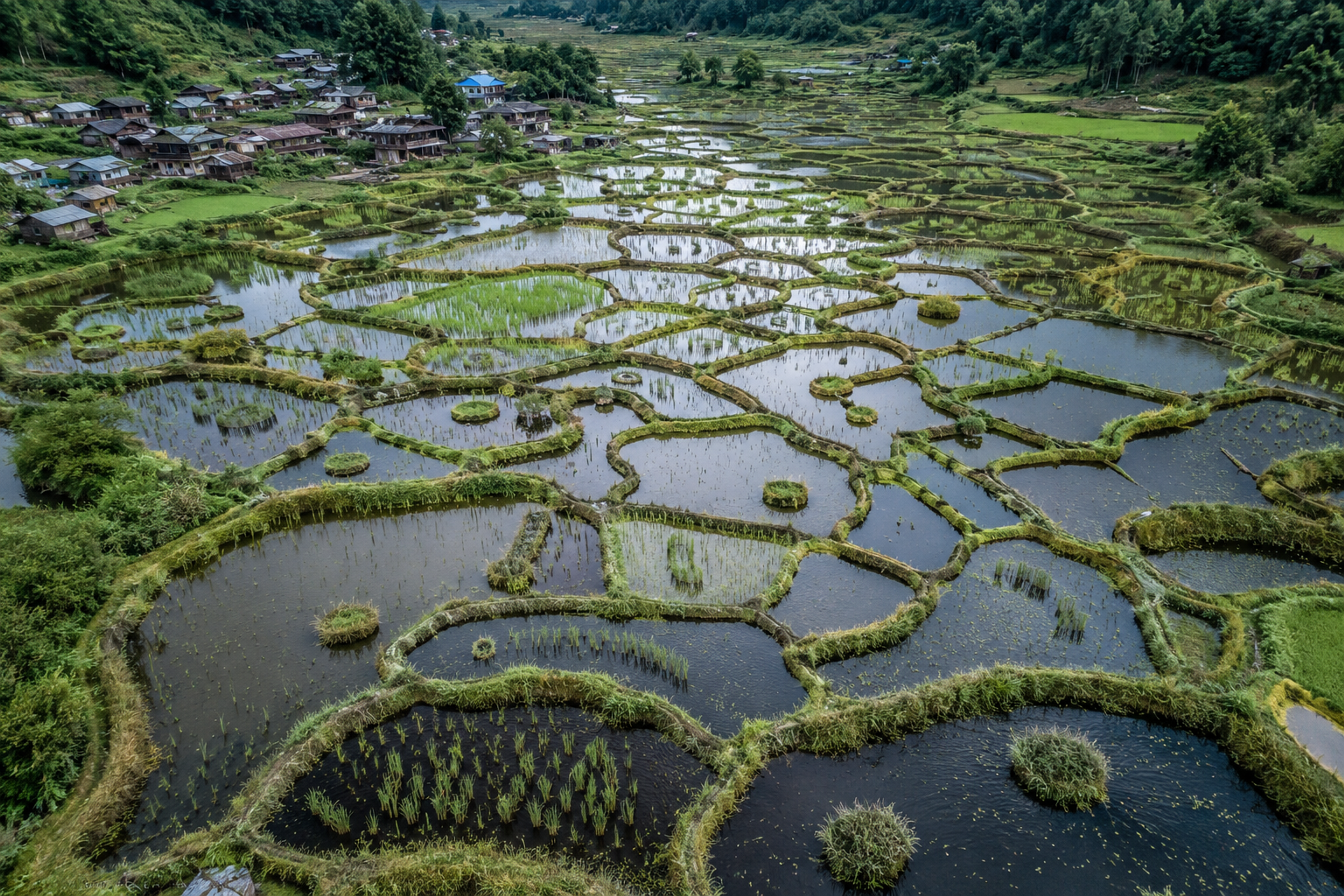 Aerial view of the unique Apatani integrated rice and fish farming paddies in Ziro Valley, Arunachal Pradesh."