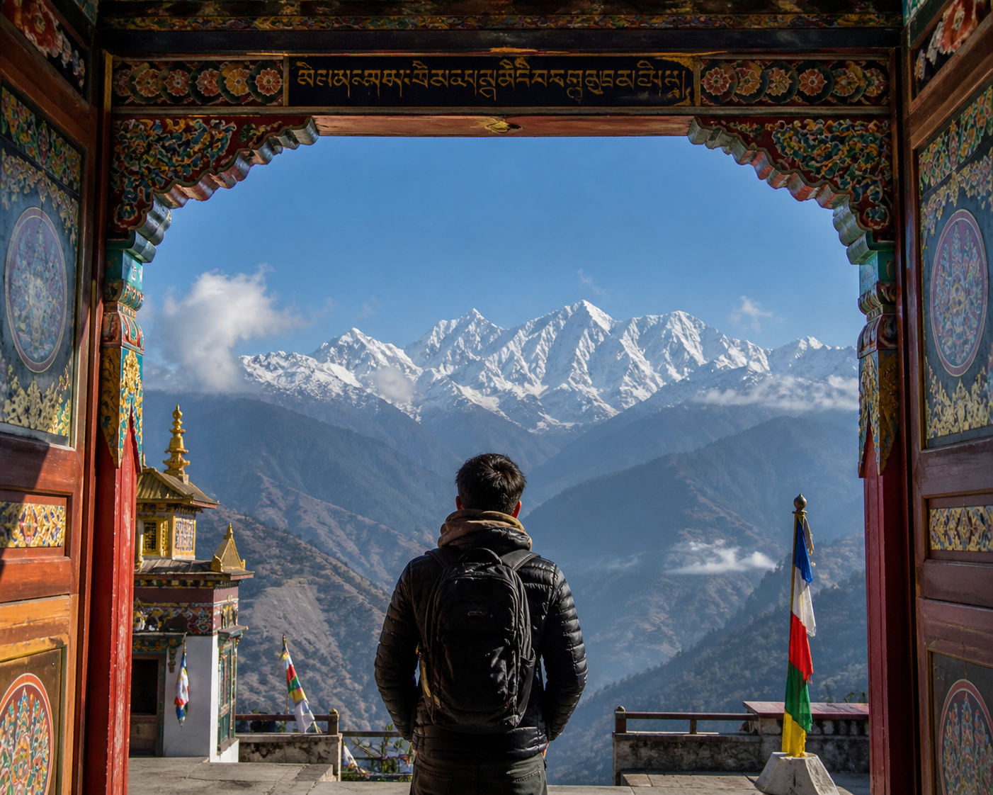 "A traveler looking out over snow-capped Himalayan peaks from the traditional wooden gateway of a colorful Buddhist monastery in Sikkim."