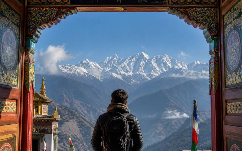 "A traveler looking out over snow-capped Himalayan peaks from the traditional wooden gateway of a colorful Buddhist monastery in Sikkim."