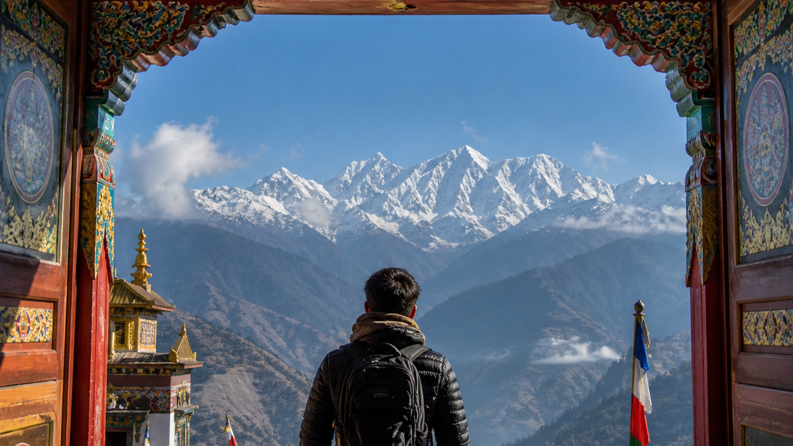 "A traveler looking out over snow-capped Himalayan peaks from the traditional wooden gateway of a colorful Buddhist monastery in Sikkim."