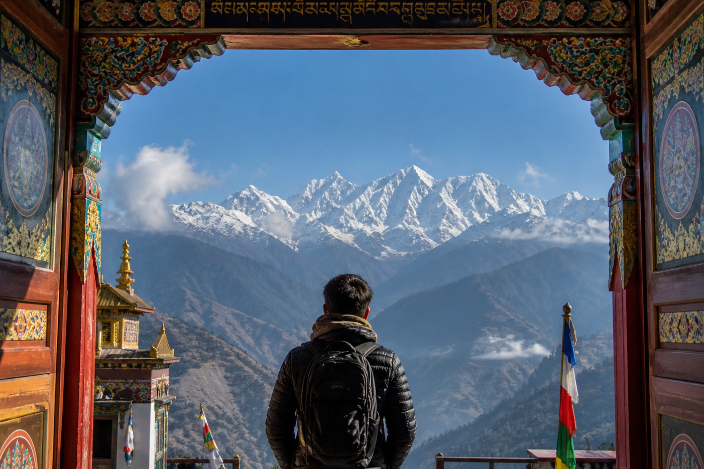 "A traveler looking out over snow-capped Himalayan peaks from the traditional wooden gateway of a colorful Buddhist monastery in Sikkim."