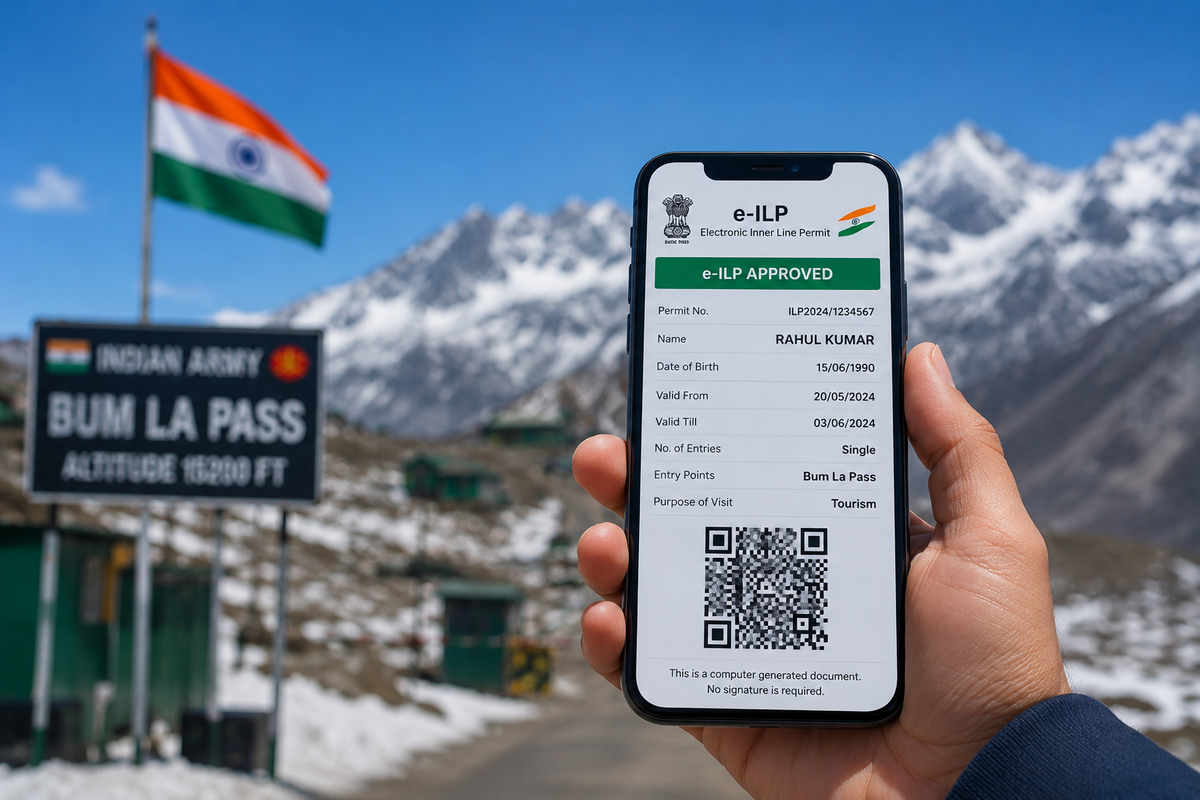 A hand holding a smartphone displaying a digital e-ILP QR code against a blurred scenic mountain backdrop."