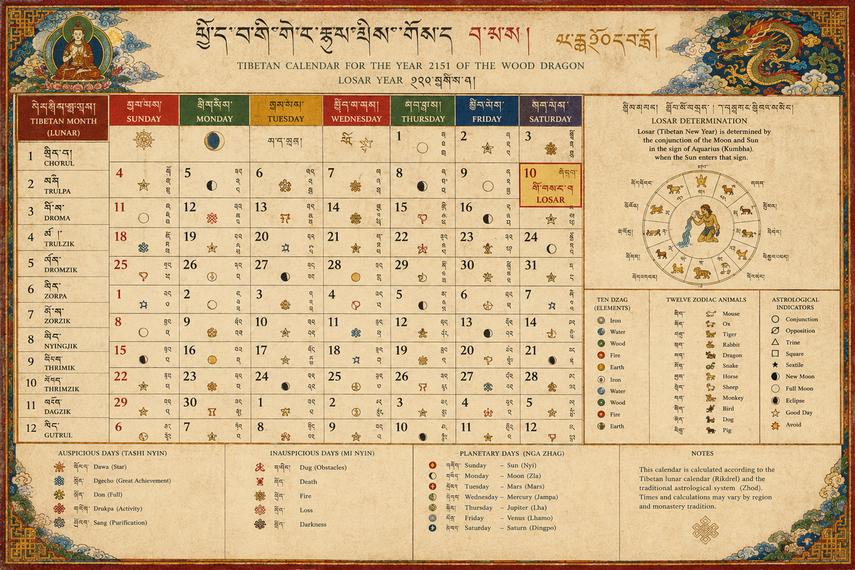 A detailed, traditional Tibetan calendar on textured paper showing dates and astrological symbols used to determine the Losar New Year.