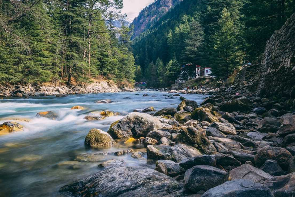 The turquoise Siang River flowing through the mountains of Pasighat, Arunachal Pradesh.