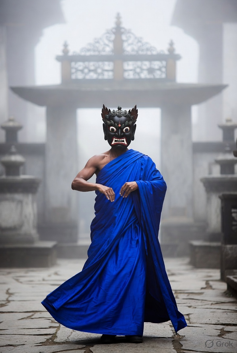 "A monk wearing a vibrant blue silk robe and a traditional carved wrathful deity mask performing the sacred Cham dance in a misty monastery courtyard in Sikkim."