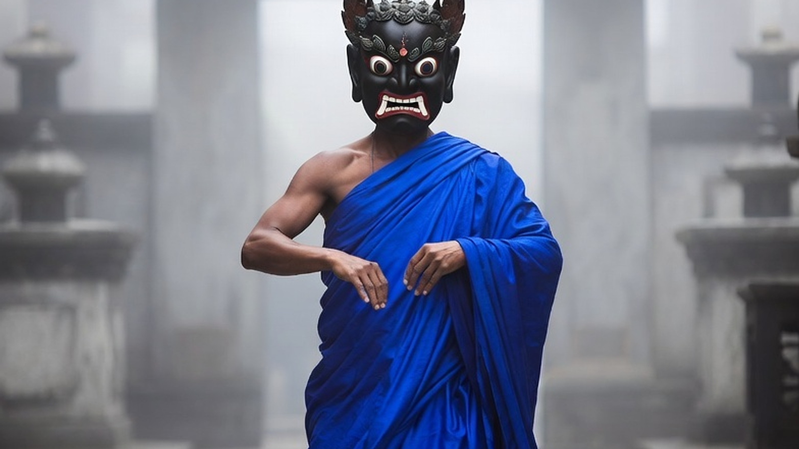 "A monk wearing a vibrant blue silk robe and a traditional carved wrathful deity mask performing the sacred Cham dance in a misty monastery courtyard in Sikkim."