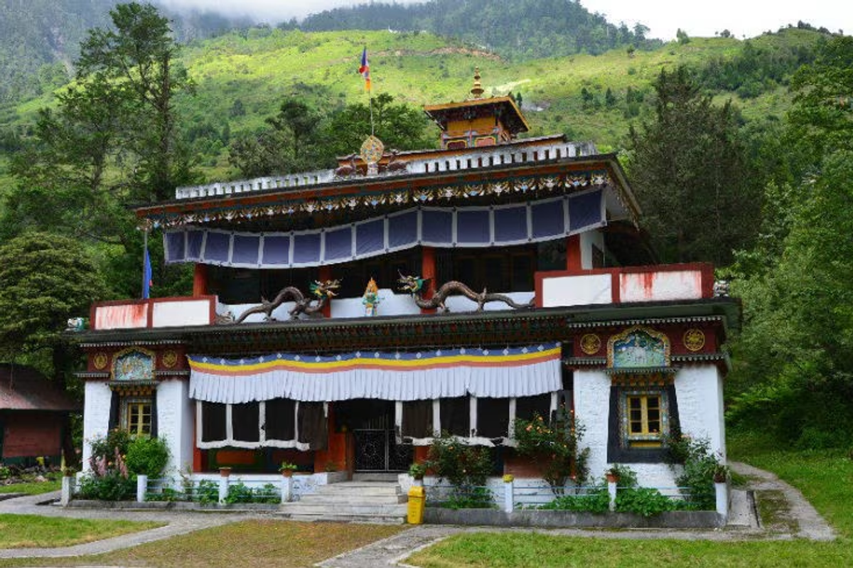 Traditional Buddhist Lachung Monastery (Samten Chorling) with colorful murals in North Sikkim.