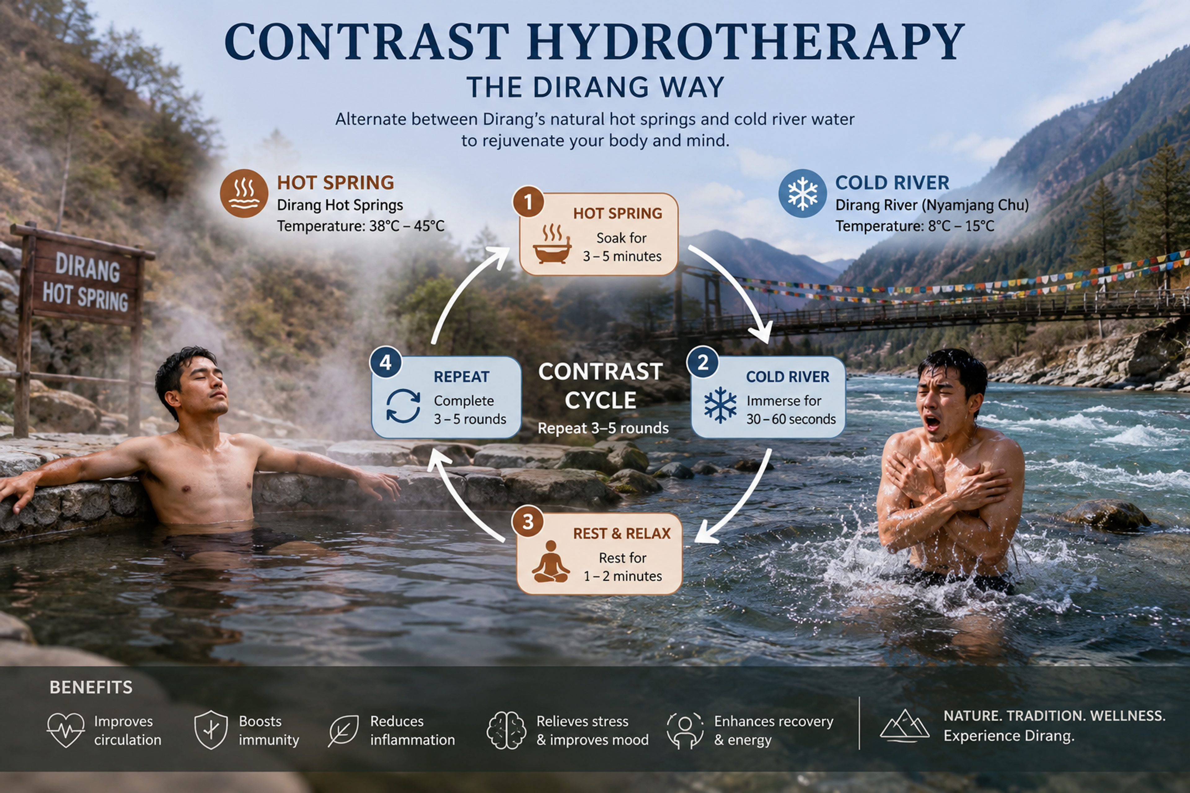 Visual representation of contrast hydrotherapy using Dirang’s hot springs and cold river water.
