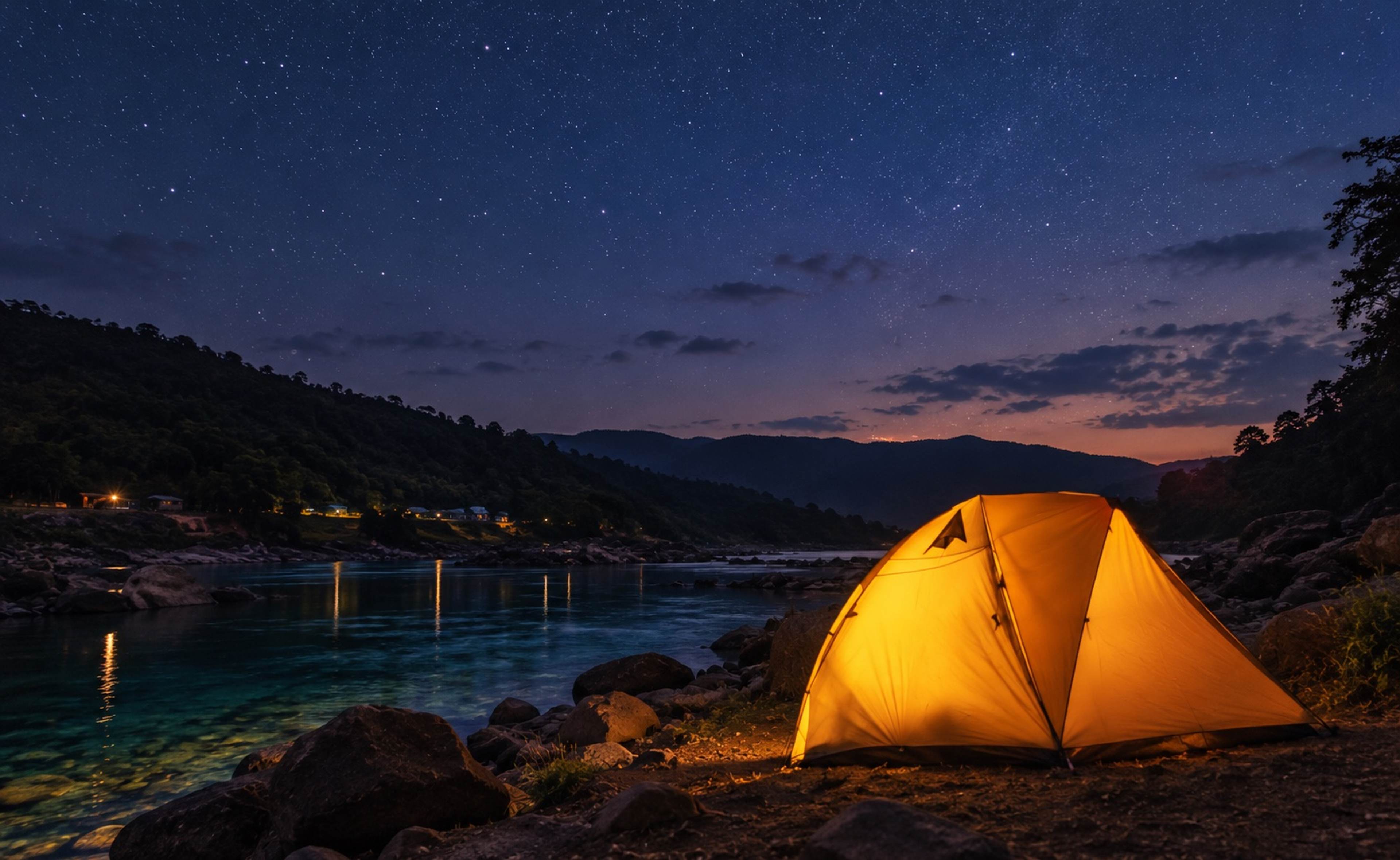 Illustration of a lit tent beside the Umngot river under a starry sky