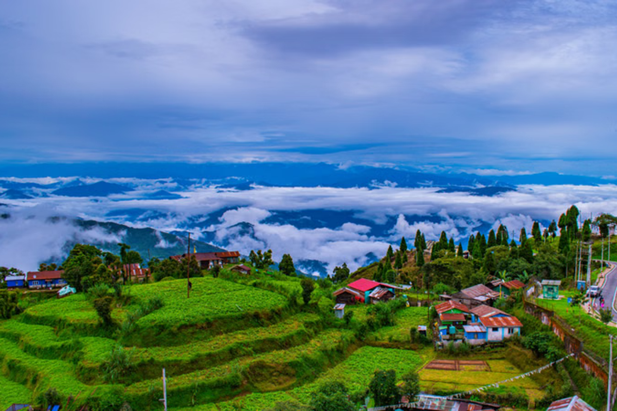 Autumn season in Tawang with misty Himalayan mountains and rural landscape