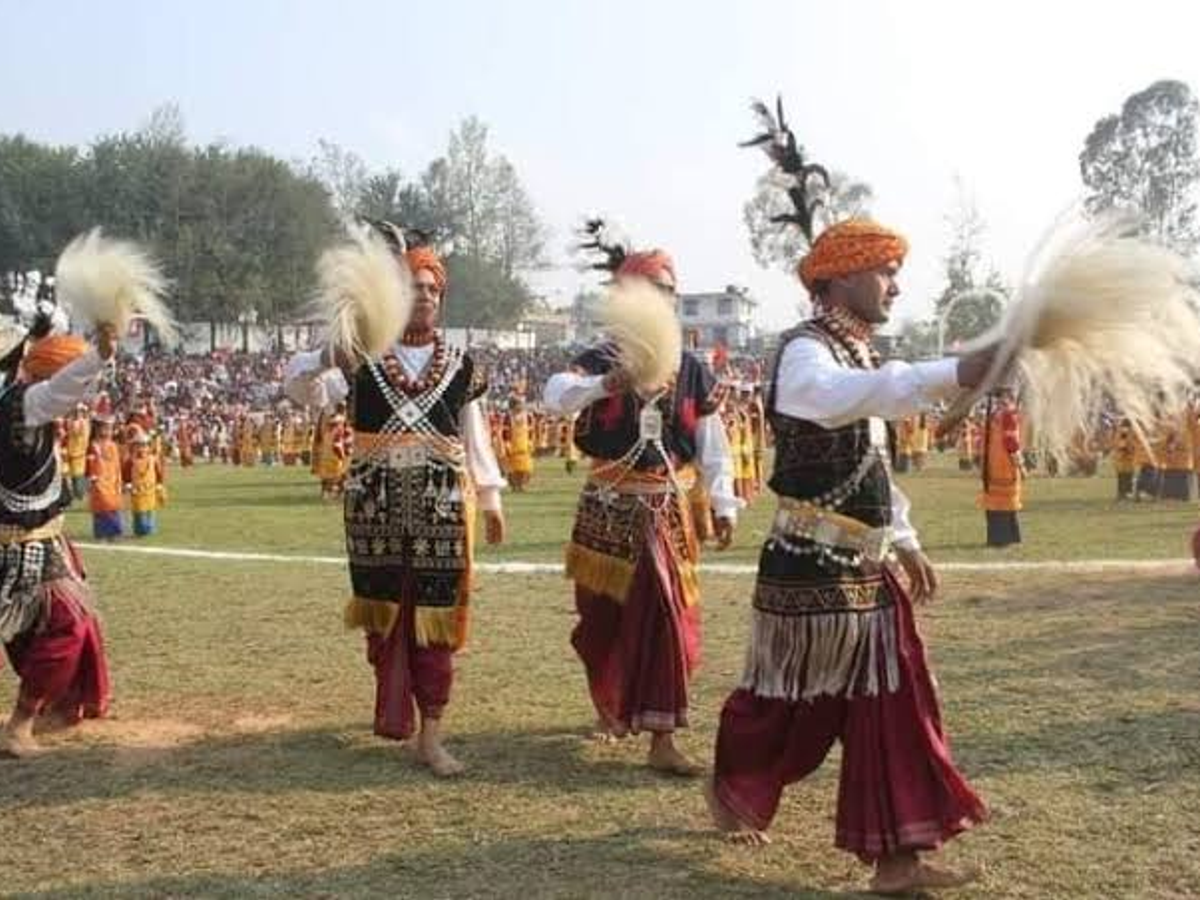 Khasi dancers in traditional dress and silver ornaments at the Nongkrem Dance in Smit