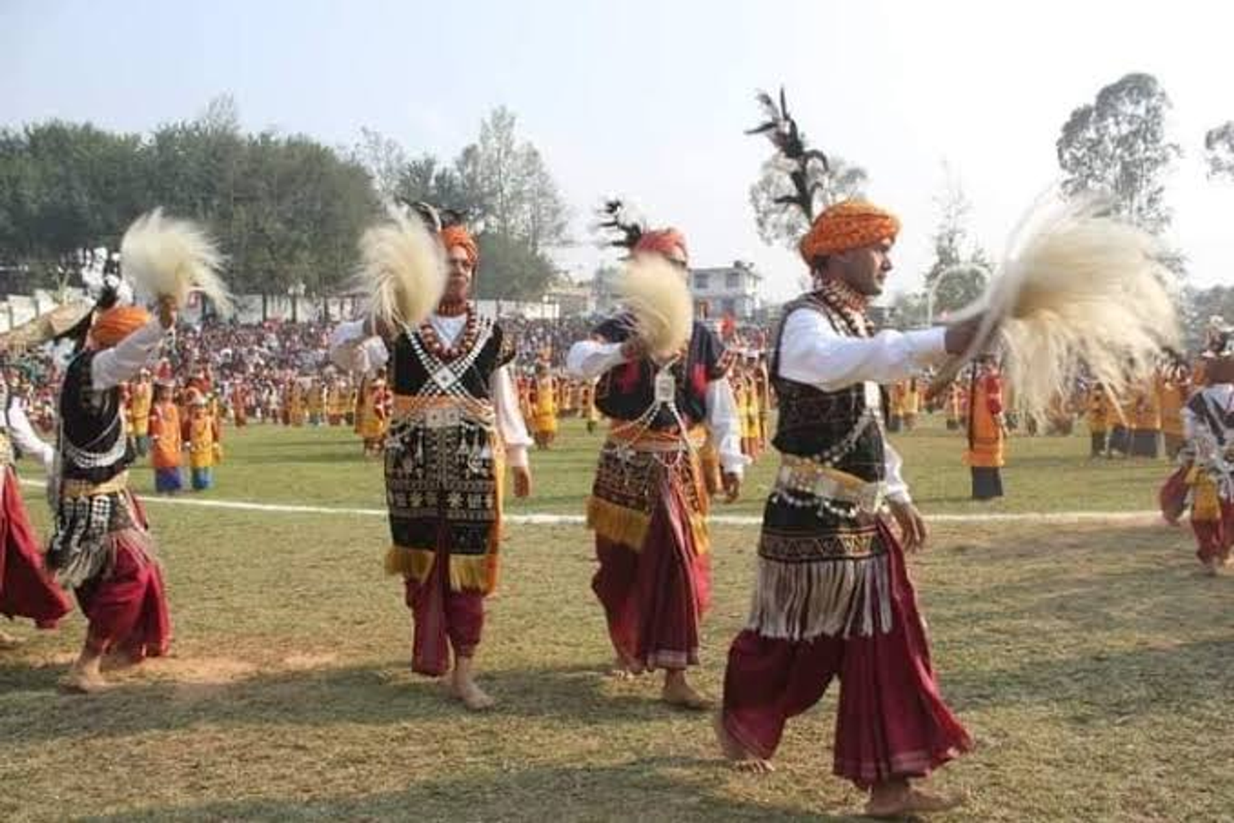 Khasi dancers in traditional dress and silver ornaments at the Nongkrem Dance in Smit