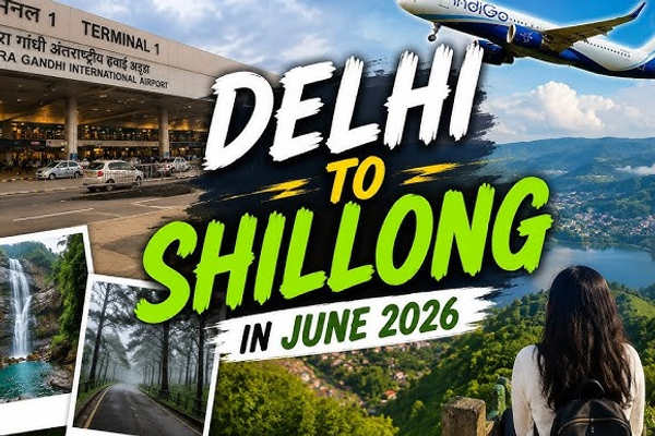 A travel guide image showing a plane flying from Delhi airport to the green hills and waterfalls of Shillong.