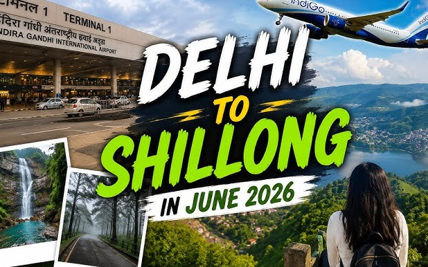 A travel guide image showing a plane flying from Delhi airport to the green hills and waterfalls of Shillong.