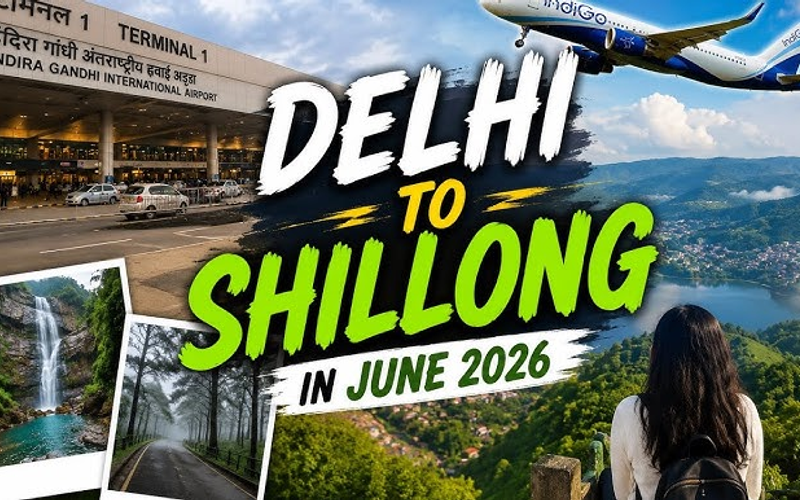 A travel guide image showing a plane flying from Delhi airport to the green hills and waterfalls of Shillong.
