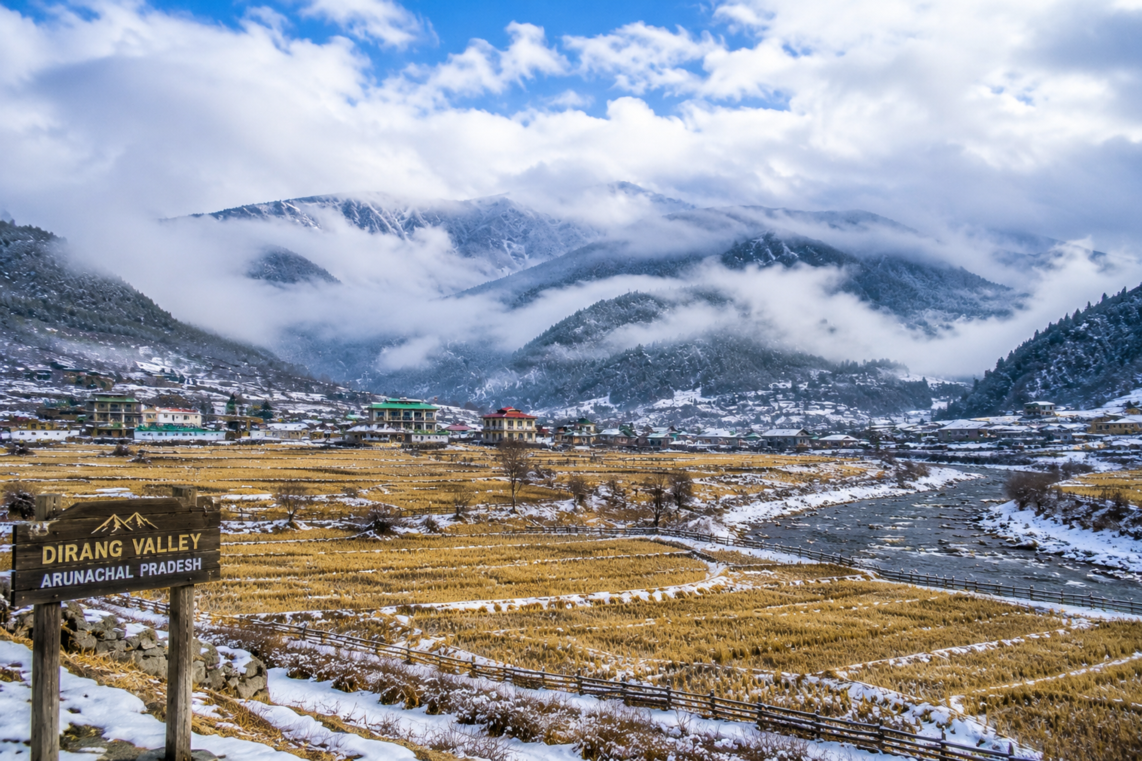 Scenic winter landscape of Dirang Valley Arunachal Pradesh.]