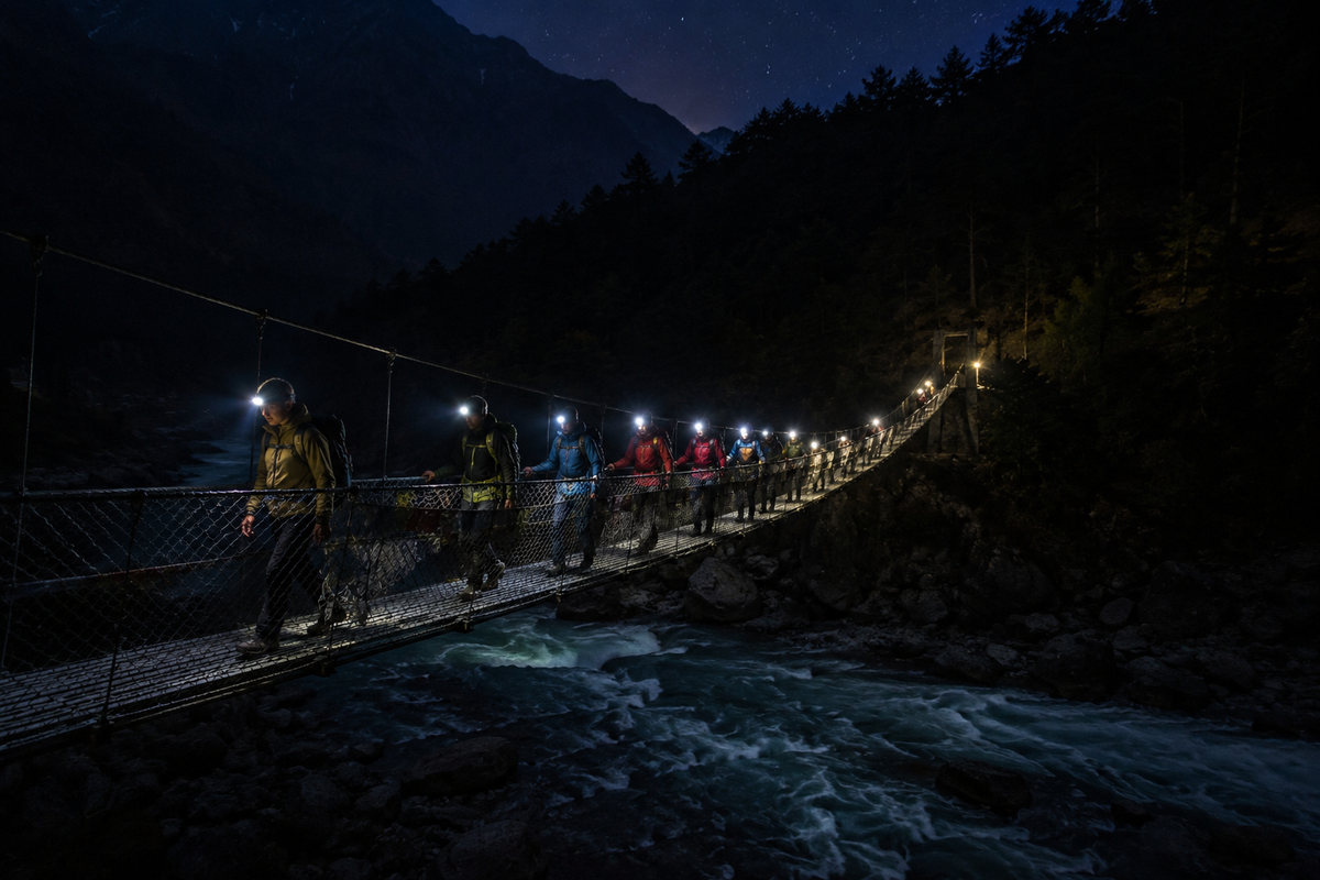 A line of night trekkers with glowing headlamps walking across a narrow steel suspension bridge over a dark mountain river at night.