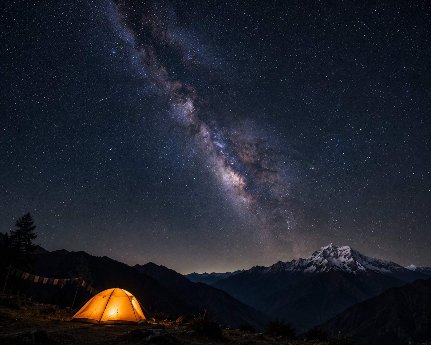 "Cinematic long-exposure of the Milky Way galaxy over a dark mountain silhouette and a glowing orange tent in Arunachal Pradesh."