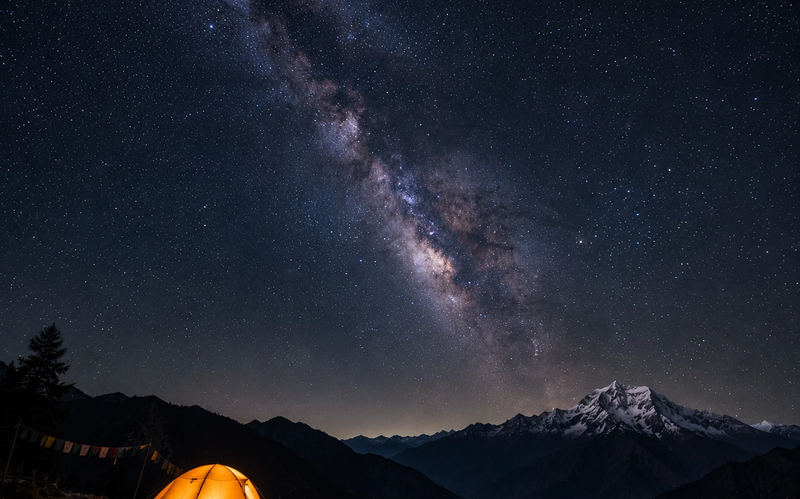 "Cinematic long-exposure of the Milky Way galaxy over a dark mountain silhouette and a glowing orange tent in Arunachal Pradesh."