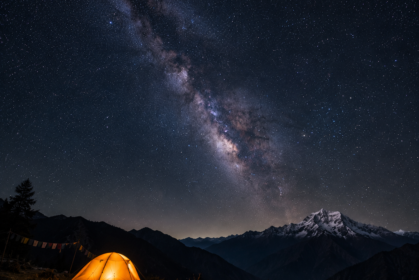 "Cinematic long-exposure of the Milky Way galaxy over a dark mountain silhouette and a glowing orange tent in Arunachal Pradesh."