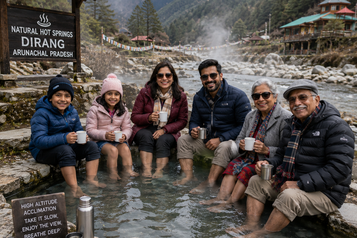 "Family members relaxing near the natural hot springs in Dirang, Arunachal Pradesh, during a high-altitude acclimation break."