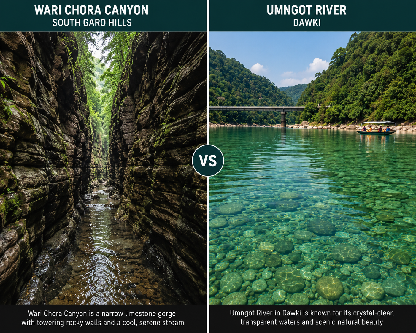A side-by-side comparison image showcasing the narrow rocky walls of Wari Chora canyon next to the clear, transparent waters of the Umngot River in Dawki."