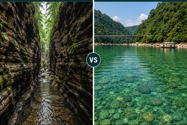 A side-by-side comparison image showcasing the narrow rocky walls of Wari Chora canyon next to the clear, transparent waters of the Umngot River in Dawki."