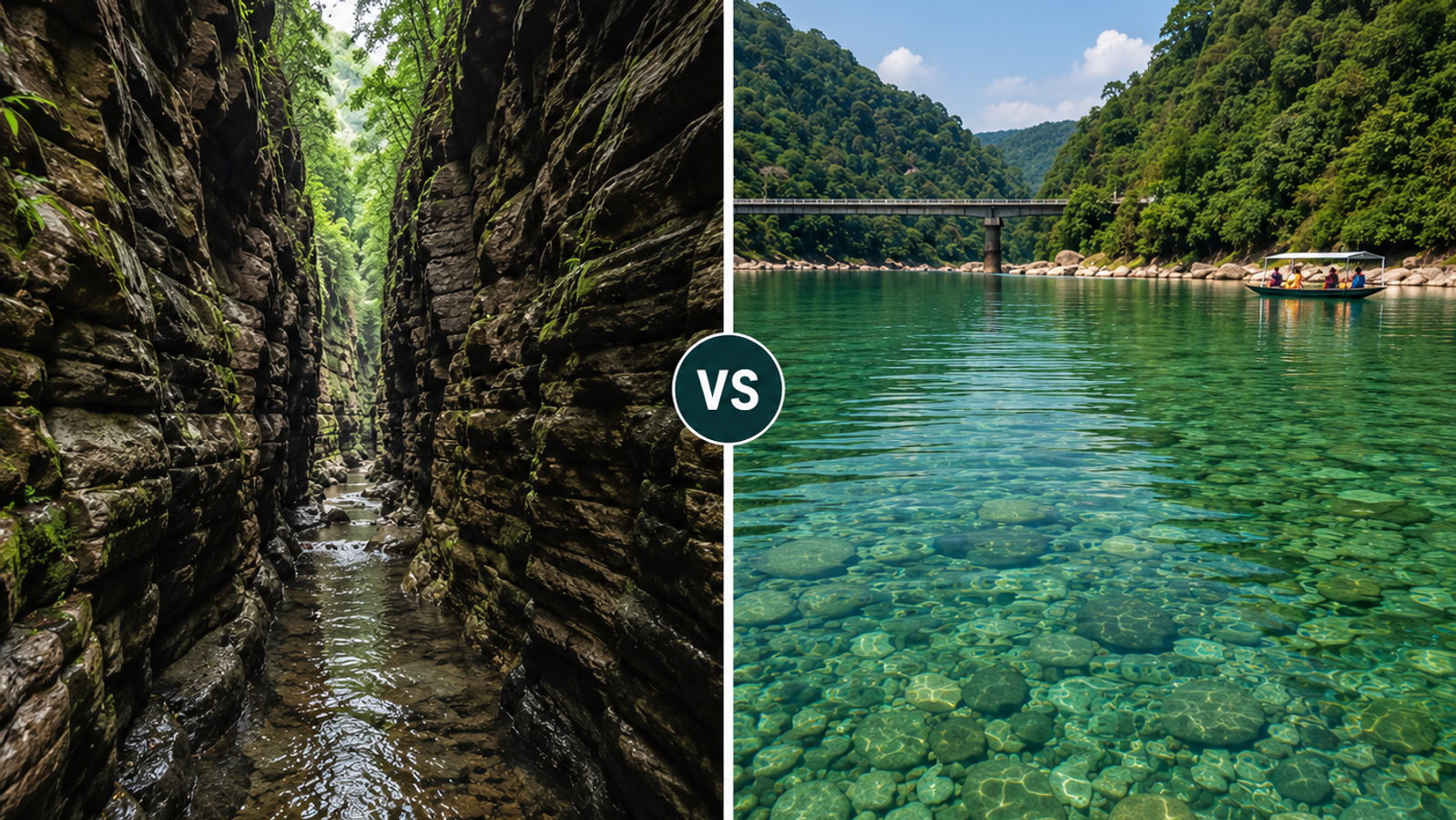 A side-by-side comparison image showcasing the narrow rocky walls of Wari Chora canyon next to the clear, transparent waters of the Umngot River in Dawki."
