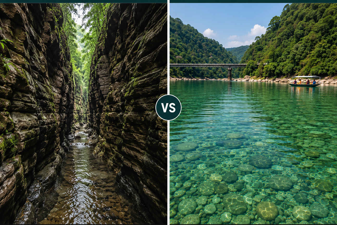 A side-by-side comparison image showcasing the narrow rocky walls of Wari Chora canyon next to the clear, transparent waters of the Umngot River in Dawki."