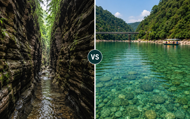 A side-by-side comparison image showcasing the narrow rocky walls of Wari Chora canyon next to the clear, transparent waters of the Umngot River in Dawki."