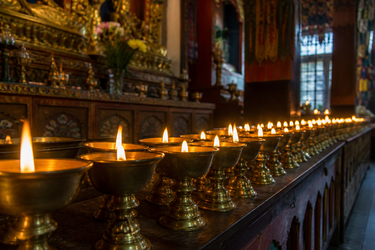 : A row of glowing brass butter lamps burning softly inside a quiet temple shrine hall at a Buddhist monastery in Sikkim.