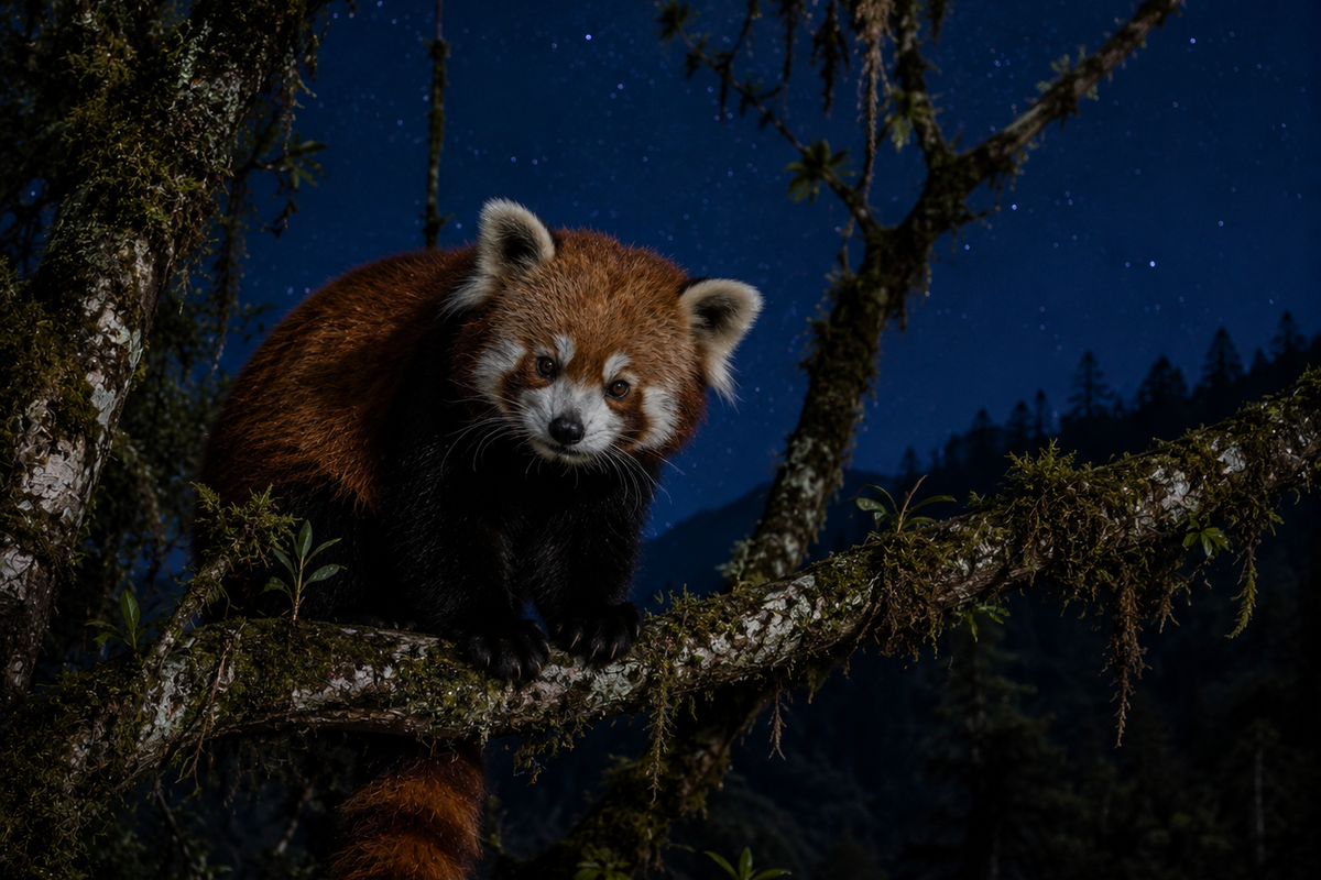 "A Red Panda in a tree in Arunachal Pradesh, illustrating the region's unique nocturnal biodiversity."