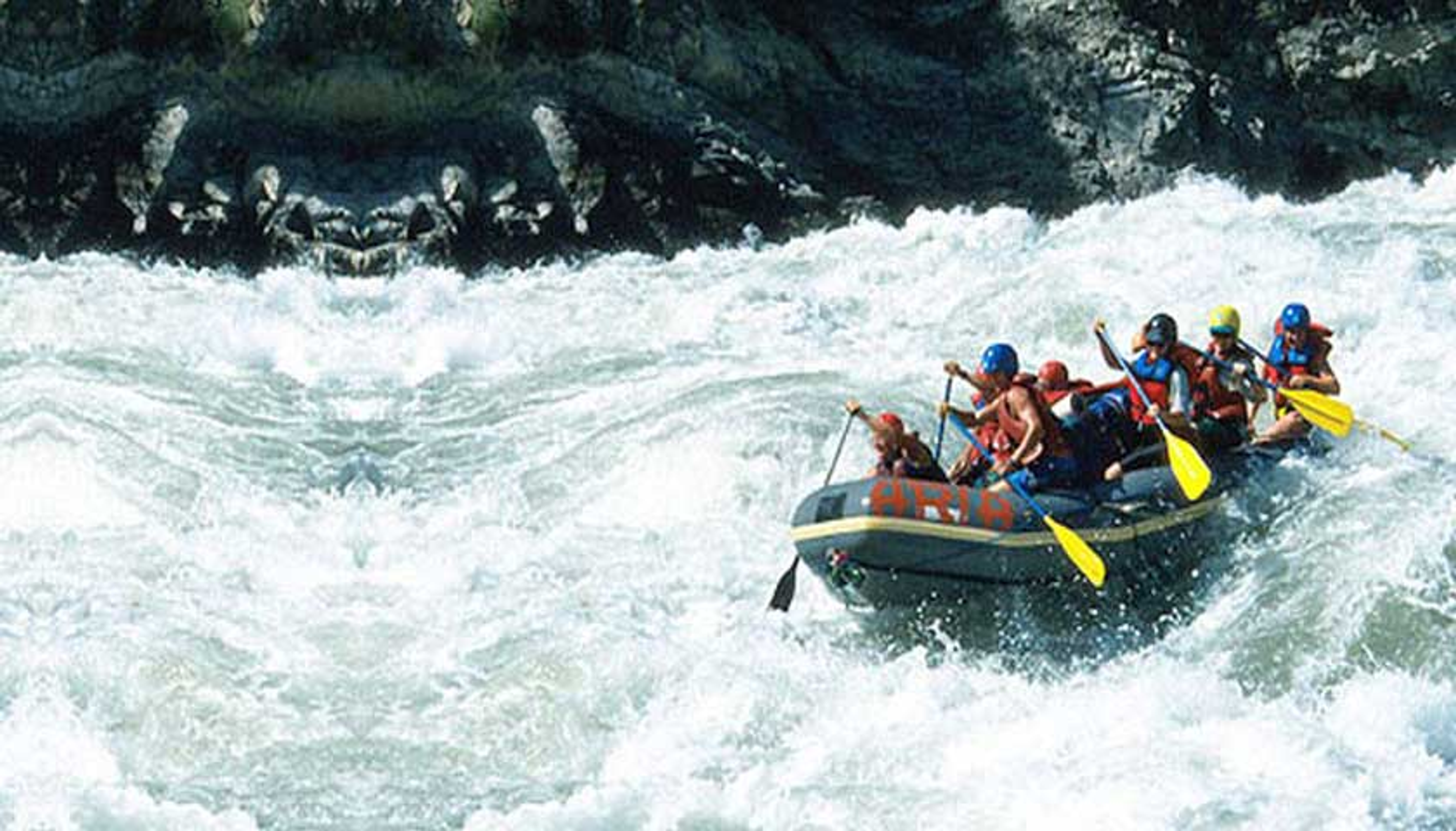 Adventure seekers navigating white water rapids during river rafting on the Teesta River in Sikkim.