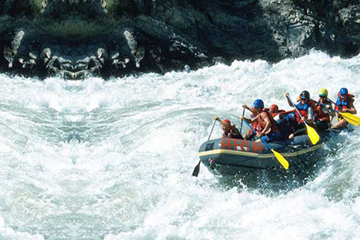 Adventure seekers navigating white water rapids during river rafting on the Teesta River in Sikkim.