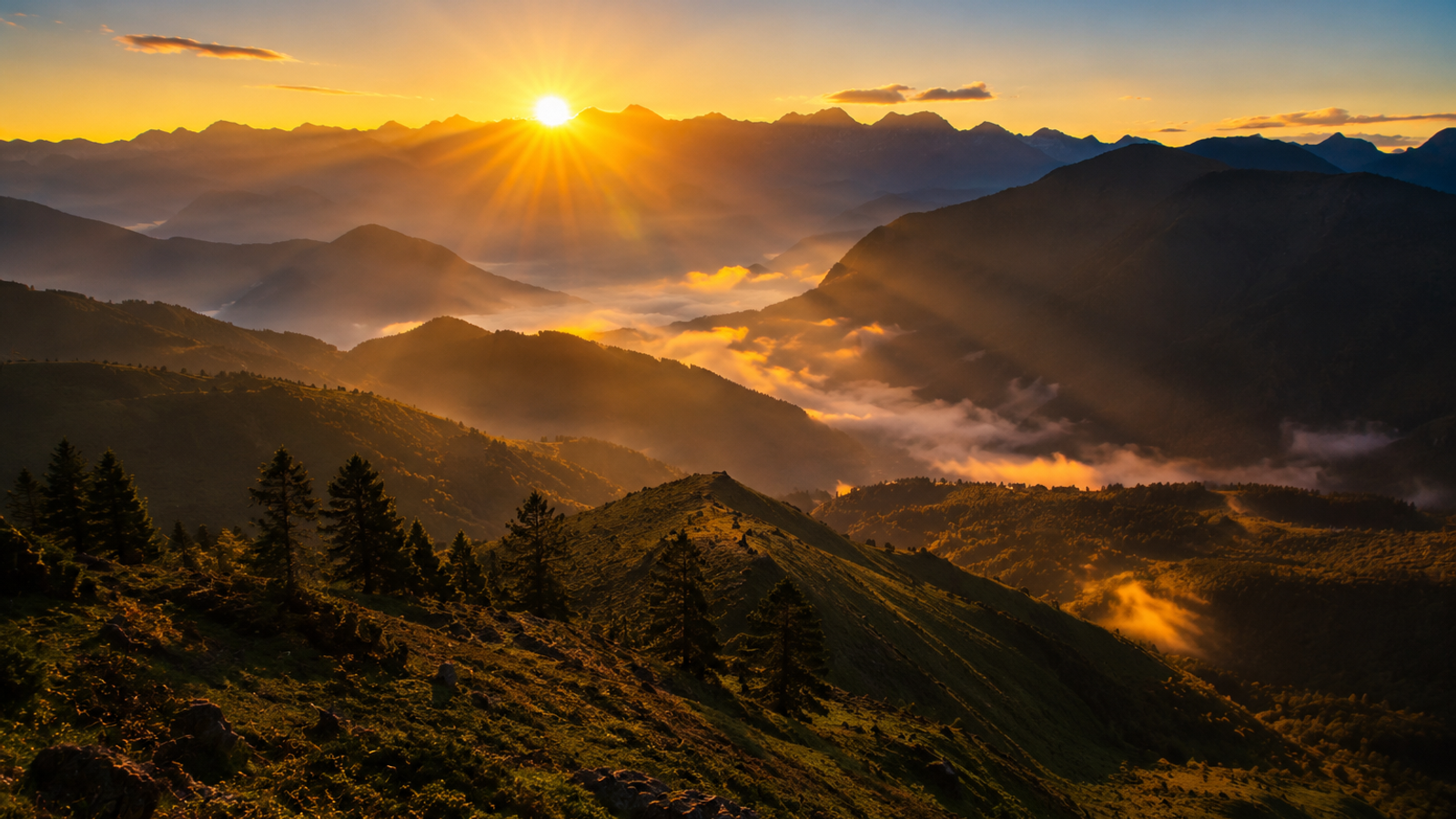 A cinematic panoramic shot showing the first golden sunbeams of the earliest sunrise in India breaking over sharp mountain ridges in Dong Valley under a clear sky."