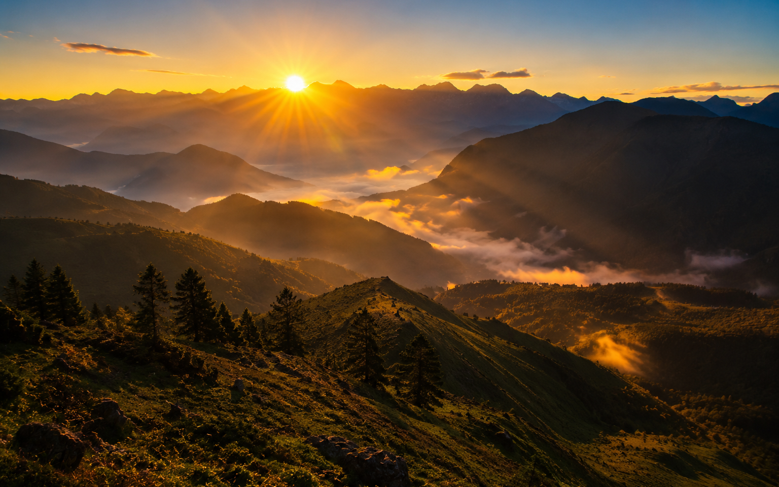 A cinematic panoramic shot showing the first golden sunbeams of the earliest sunrise in India breaking over sharp mountain ridges in Dong Valley under a clear sky."