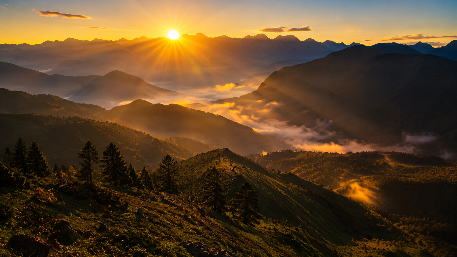 A cinematic panoramic shot showing the first golden sunbeams of the earliest sunrise in India breaking over sharp mountain ridges in Dong Valley under a clear sky."