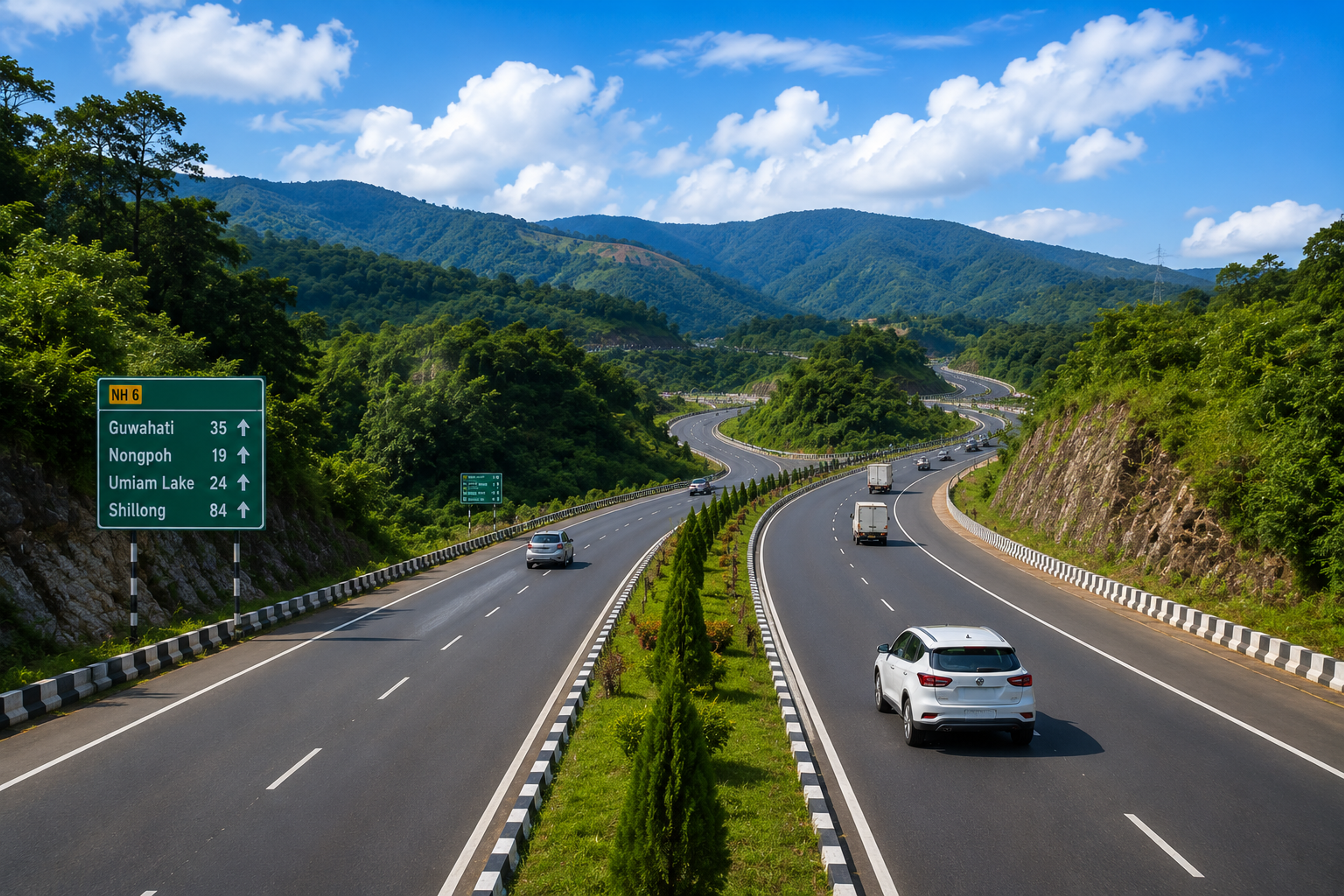 A wide dynamic view of the four lane National Highway 6 winding smoothly through the green hills of the Ri-Bhoi district under a bright sky.