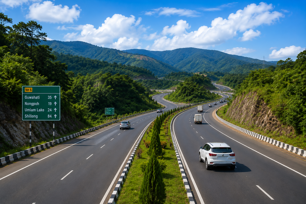 A wide dynamic view of the four lane National Highway 6 winding smoothly through the green hills of the Ri-Bhoi district under a bright sky.