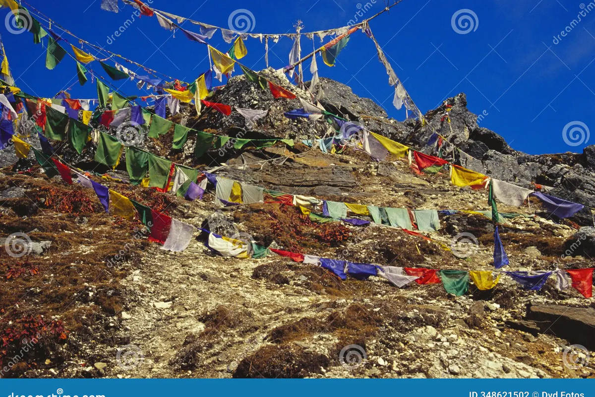 Buddhist prayer flags at Sela Pass overlooking the high-altitude Sela Lake.]